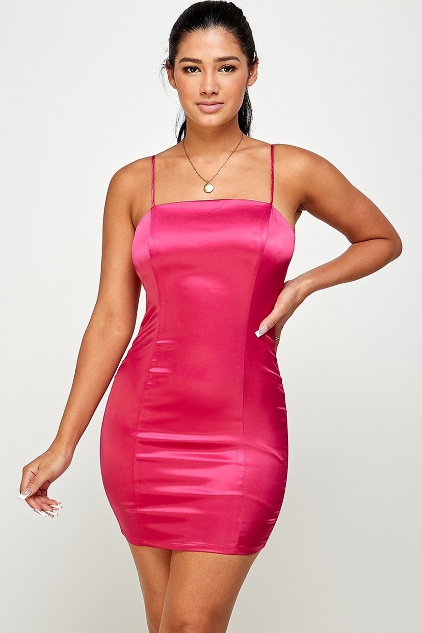 knee length dresses for ladies Women Solid Pink Sweetheart Neck Drawstring Knot Satin Ruched Bodycon Mini  Dress main image 1