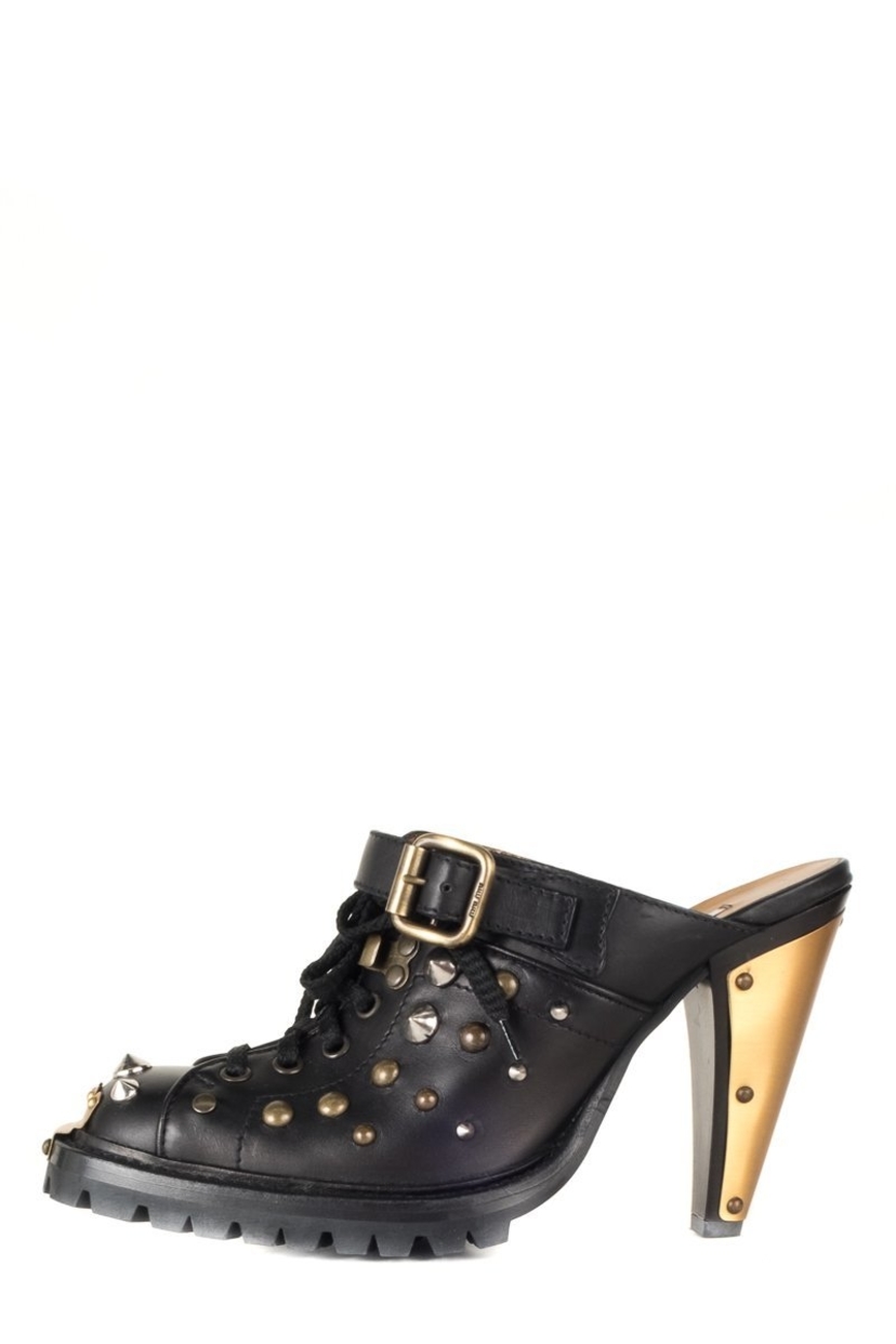 Miu Miu Black Leather Studded Heeled Mules 37.5 | House Account